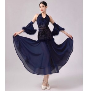 Women navy blue feather ballroom dance dresses for girls halter neck sleeveless waltz tango foxtrot smooth dance long gown 